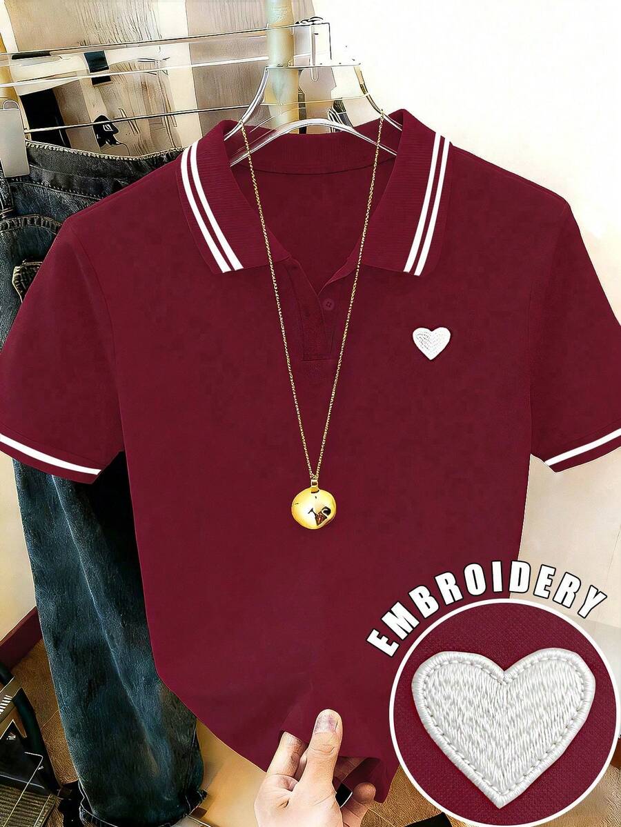 Resyla 1件女士休闲爱心刺绣滚边短袖T恤，夏季图案T恤女式上衣 - 酒紅色 - 查看 1