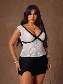 Rustia Spring, Summer, Fall Lace Patchwork V-Neck Cap Sleeve Sexy Sheer Lace Top - White - View 3