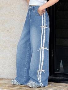 SHEIN Quần jean ống rộng ống đứng thời trang Y2K cho bé gái, dáng rộng, cổ điển, giặt thường ngày, có túi xéo, thích hợp cho bé gái mặc vào mùa hè, mùa thu, nghỉ ngơi, đi làm hàng ngày, mặc ở nhà, ăn trưa, tiệc trà, đi làm, mặc sân bay, mặc cho bé gái mặc vào mùa thu, trẻ em trở lại trường, hòa nhạc đồng quê - Rửa nhẹ - Xem 4