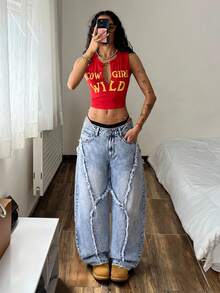 StreetHx Quần jeans ống rộng cạp thấp phong cách vintage đường phố, rách gấu, bạc màu. - Rửa nhẹ - Xem 4