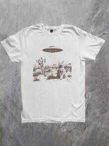 Manfinity Dauomo Men's Casual UFO & Cat Graphic Round Neck T-Shirt, Summer - White - View 1