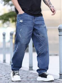 Manfinity Homme Men's Casual Fashion Street Distressed Denim Jeans, Suitable For Daily Commute - Medium Wash - View 7