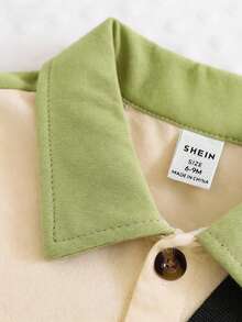 2件套男婴可爱刺绣恐龙短袖polo领绿色拼接杏色连体衣短裤及斜挎包套装，春夏款，婴幼儿服装，适合6个月至3岁宝宝。