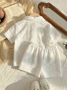 LMoss Kids 2 pièces Ensemble chemise décontractée et short en couleur unie pour jeune garçon - Blanc - Voir 2