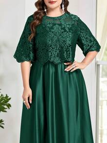Reflora Vestido elegante de encaje de unicolor con cuello redondo y manga corta para tallas grandes - Verde - View 12