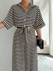 SHEIN LUNE Bộ áo liền quần nữ tay cánh dơi buộc dây in họa tiết sọc - Nhiều màu - Xem 5