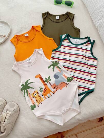 Vintaside Kids 4-Pack Cute Cartoon Forest Animal & Colorful Striped Pattern Sleeveless Romper, Orange & Green, Suitable For Everyday Wear, Spring/Summer Baby Boys Bodysuits Baby Summer Clothes