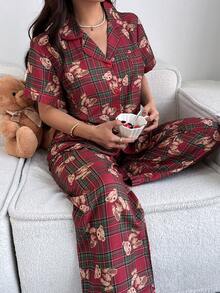 SHEIN Napfluff 格子熊印花翻领短袖裤装女式睡衣套装 - 紅色 - 查看 5