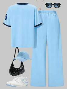 SHEIN ChillGRL Teen GirlFashion Casual College Numeric Print V-Neck Short Sleeve Wide Leg Pants 2 Pieces Set - Multicolor - View 2