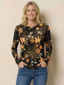 EMERY ROSE Women's Maple Leaf Print Round Neck Long Sleeve Casual Versatile T-Shirt - Multicolor - View 1