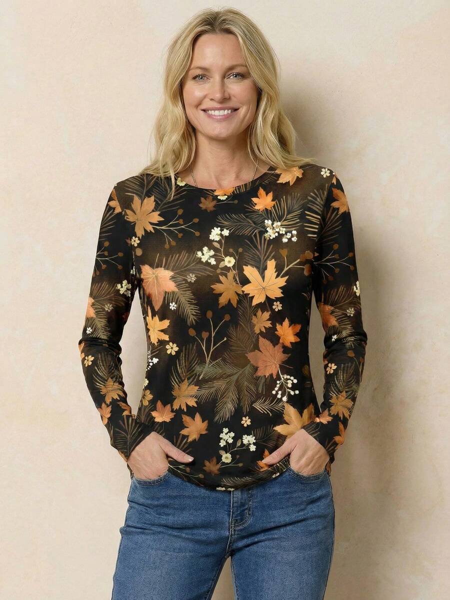 EMERY ROSE Women's Maple Leaf Print Round Neck Long Sleeve Casual Versatile T-Shirt - Multicolor - View 1