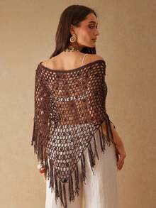 Silquee Women's Brown Summer Boho Beach Holiday Semi-Sheer Knit Sequined Openwork Crochet Cape Top With Fringed Hem,Perfect For Vacation&Pool Party,Holiday - Coffee Brown - View 2