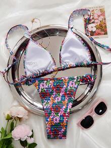 SHEIN Swim Women's Summer New Beach Vacation Casual Sweet Cute Random Ditsy Floral Halter Design Cute Ruffle Sexy Backless Tie Bikini 2-Piece Bikini Set Set - Multicolor - View 2