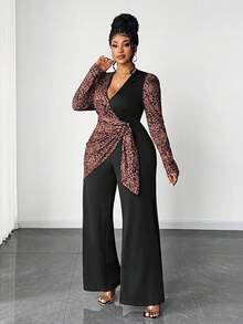 Maweii Bộ jumpsuit dài tay cổ chữ V chéo phối họa tiết da báo dáng rộng thanh lịch dành cho nữ cỡ lớn - Nhiều màu - Xem 5