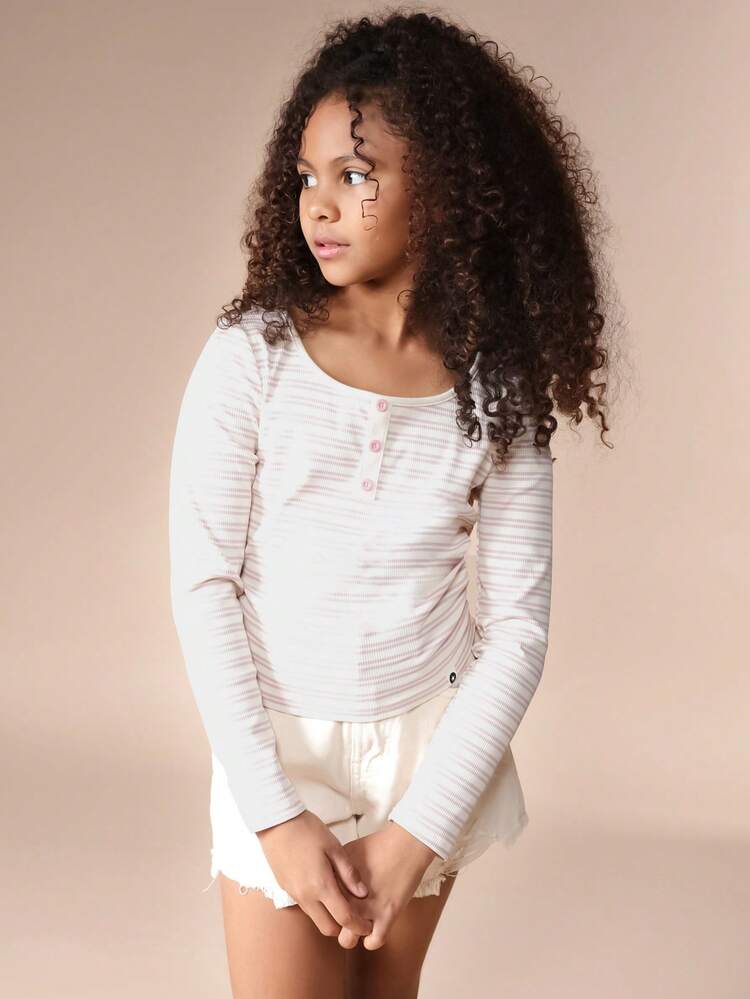 Long Sleeve Striped Ribbed Top With Buttons