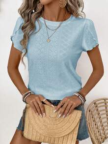 SHEIN LUNE 女士休闲网纱刺绣圆领泡泡袖T恤 - 藍色 - 查看 3