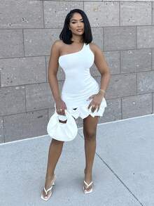 Alexandranx 單肩荷葉邊緊身洋裝 - 白色 - 查看 4