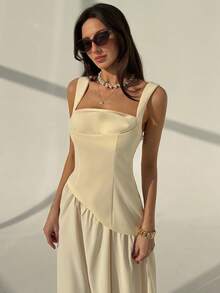 Aloruh 简约通勤棕色吊带褶皱拼接A字连衣裙（女款） - 深棕色 - 查看 7