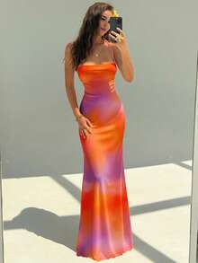 Aloruh Women's Fashion Sexy Elegant Orange Tie Dye Backless Tie Neck Dress, Summer Dress, Beach Dress, Beach Outfit, Party Dress, Wedding Guest Dress, Birthday Dress, Music Festival Dress - Orange - View 6