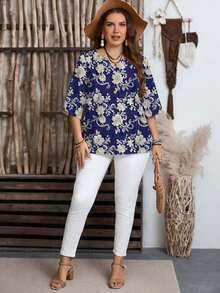 EMERY ROSE Camisa azul de talla grande, casual y elegante, con estampado de textura similar al bordado, adecuada para primavera y otoño - Multicolor - Ver 5