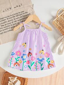 SHEIN Playful Pals 女婴服装 女婴连衣裙 全花卉图案 吊带蝴蝶结 夏季优雅清新连衣裙 - 紫色 - 查看 2