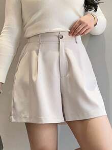 Dazy Plus Quần short nữ cỡ lớn, màu trơn, dáng suông, chất liệu giả da, thích hợp cho mùa thu/đông. - Màu be - Xem 5