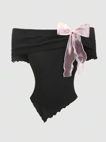 Girlism 少女蝴蝶结撞色露肩弹力针织不对称下摆修身T恤