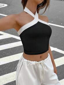 SHEIN EZwear Two Tone Crop Halter Top - Black and White - View 3