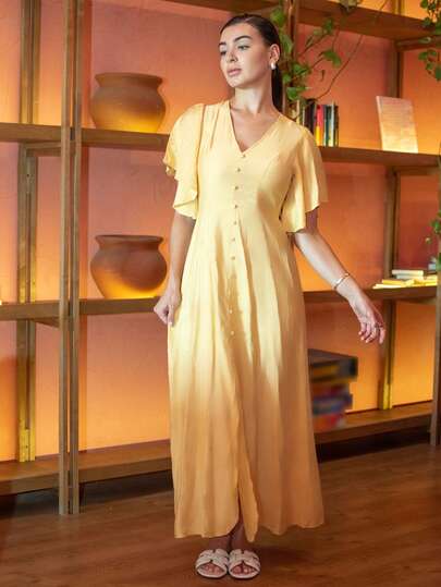 Andrea Bello 女士时尚优雅休闲 V 领 A 字型黄色中长连衣裙，带纽扣装饰，喇叭袖口，适合茶会、度假、通勤、春夏
