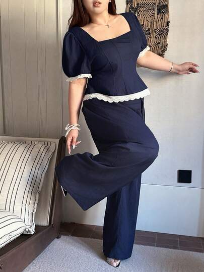 Dazy Plus 2pcs Plus Size Women Contrast Color Block Square Neck Short Sleeve Top And Loose Pants Pajama Set