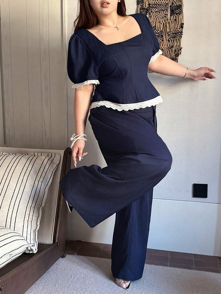 Dazy Plus 2pcs Plus Size Women Contrast Color Block Square Neck Short Sleeve Top And Loose Pants Pajama Set Summer