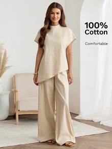 Easowa 100%纯棉杏色宽松女式两件套，立领蝙蝠袖短袖不规则下摆衬衫搭配长裤，保守时尚的套装，适合办公室、通勤和日常休闲穿着，春夏款。 - 杏色 - 查看 3