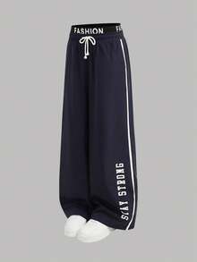SHEIN Girlism Kids Teen Girls' Navy Blue 2 Piece Set,Sporty Streetwear Summer Retro Short Sleeve T-Shirt And Loose Wide Leg Pants,Back-To-School Graduation Outfit - Blue and White - View 8