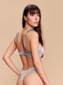 lacRébo Soft Blue Satin Underwired Bra With White Lace Trim And Ruffled Straps And Matching Tanga Thong Romantic Lingerie Set French Style Parisian Style Valentines - Blue - View 3