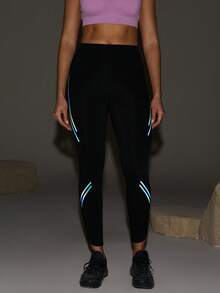 Exploreva Women's Outdoor Sports Reflective Stripe Pocket Zipper Black Yoga Leggings - Black - View 5