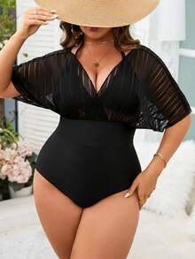 Swim Lushoire Summer Beach Plus Contrast Mesh One Piece Swimsuit - Black - View 4