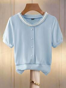 Franclia Distinctive Beaded Slim Fit Commuter Knit Crew Neck Short Sleeve T-Shirt, Ribbed Cuffs, Neckline, And Hem, Ruffle Blue Trim Decor, Blue Short Sleeve Tee, Comfortable Fabric, Spring/Summer New Essential Baby Blue Top Women Pearl Shirt Light Blue Top Baby Blue Tops Tops For Women Elegant Light Blue Blouse - Baby Blue - View 1