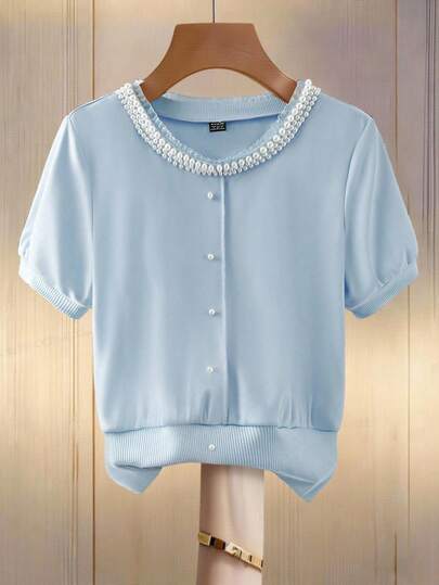 Franclia Distinctive Beaded Slim Fit Commuter Knit Crew Neck Short Sleeve T-Shirt, Ribbed Cuffs, Neckline, And Hem, Ruffle Blue Trim Decor, Blue Short Sleeve Tee, Comfortable Fabric, Spring/Summer New Essential Baby Blue Top Women Pearl Shirt Light Blue Top Baby Blue Tops Tops For Women Elegant Light Blue Blouse