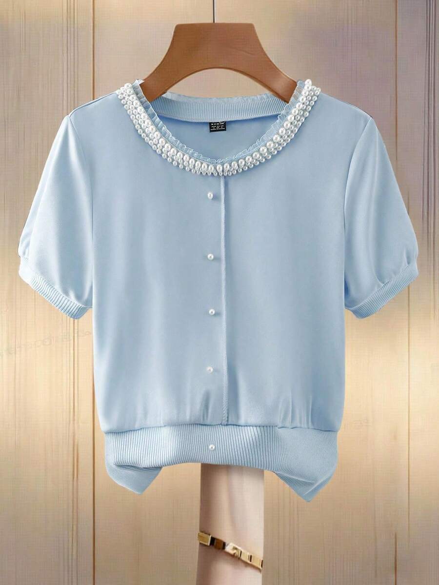 Franclia Distinctive Beaded Slim Fit Commuter Knit Crew Neck Short Sleeve T-Shirt, Ribbed Cuffs, Neckline, And Hem, Ruffle Blue Trim Decor, Blue Short Sleeve Tee, Comfortable Fabric, Spring/Summer New Essential Baby Blue Top Women Pearl Shirt Light Blue Top Baby Blue Tops Tops For Women Elegant Light Blue Blouse - Baby Blue - View 1