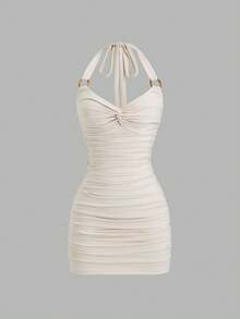 Sweetra Vestido mini ajustado con cuello en V, halter, retorcido y fruncido, de color albaricoque, estilo sexy, para primavera/verano - Albaricoque - Ver 3