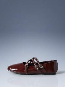CUCCOO GRLICON 女士搭扣铆钉装饰平底乐福鞋 - 酒紅色 - 查看 2