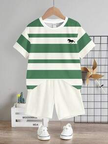两件套小马图案条纹印花休闲圆领短袖T恤和短裤套装，适合夏季穿着 - 彩色 - 查看 2