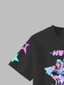 2pcs Girls Idol Group Printed Top & Star Digital Print Cargo Pants Set, Streetwear Casual Comfortable Fashion, Suitable For All Seasons KPOP Witch Hunting Crew Black T-Shirt Teenage Girl Clothes Sets Pants Shirt Y2k Kid Clothes 2 Pc Girls Pants And Tops 11 Years Old Clothes For School Big T Shirt And Pants For Girl