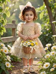SHEIN Vestido de princesa elegante y lindo para bebé, vestido de manga corta con bordado floral de malla - Amarillo - Ver 6