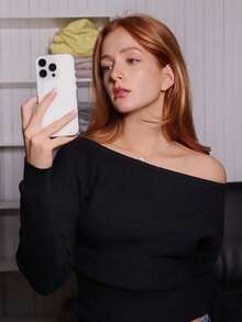 SILVIA DI SANTO 女士纯色不对称领口休闲长袖红色毛衣休闲派对优雅家居性感秋冬休闲圣诞万圣节新年不对称上衣 - 黑色 - 查看 4