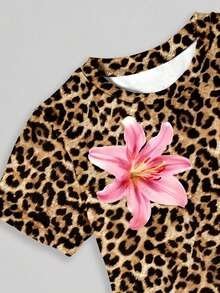 春夏秋季女童休闲时尚创意个性清新简约豹纹百合花印花舒适短袖T恤裙，温暖舒适的夏秋款式，适合春夏秋季穿着。 - 彩色 - 查看 5