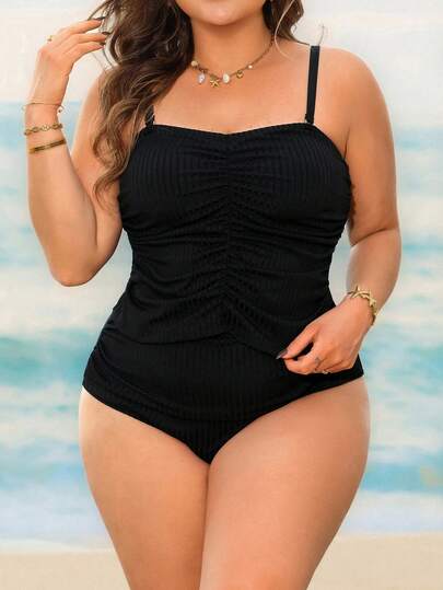 Swim Lushoire Plus Size Women's New Special Fabric Solid Color 2-Piece Swimsuit, Detachable Straps, Removable Pads, Sexy Bandeau Top, Elegant Pleated High-Waist Bottoms, Casual Chic Beach Vacation Style