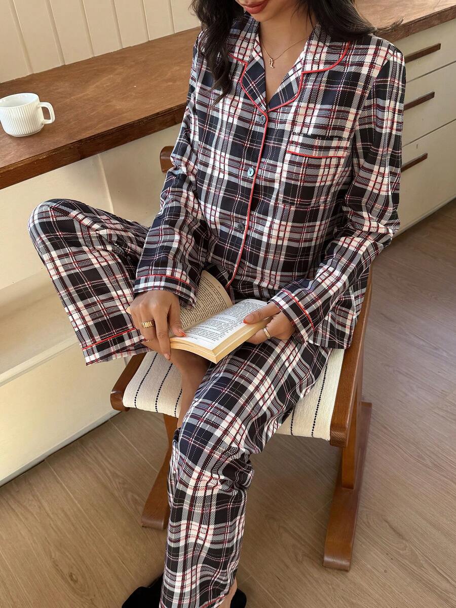 Dream Adore 格纹撞色翻领开衫和裤子睡衣套装 - 彩色 - 查看 1