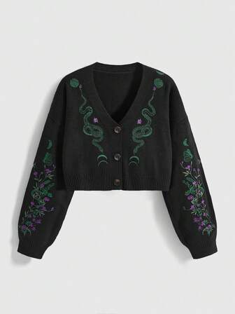 Gothic Dark Mysterious Plant Snake Embroidery Loose Knit Cardigan