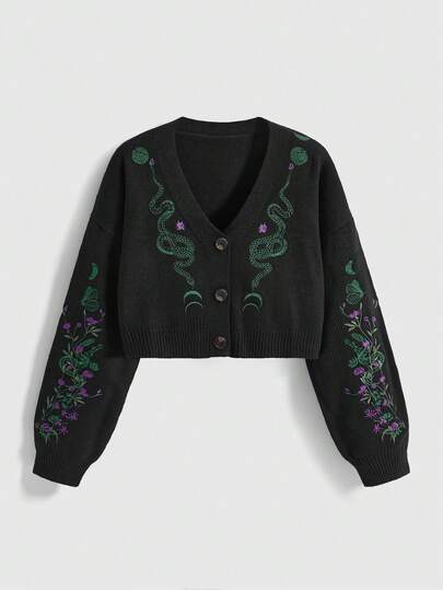 ROMWE Gothic Dark Mysterious Plant Snake Embroidery Loose Knit Cardigan